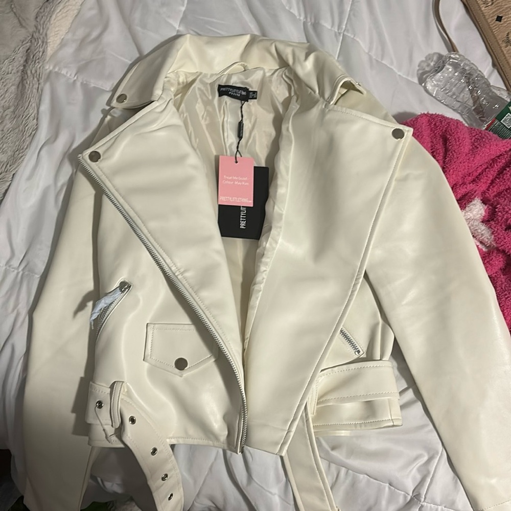 Pretty little thing white leather jacker new with tags